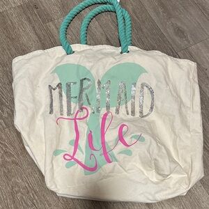 Life Is Good White Tote with Teal Handles and Pink Script